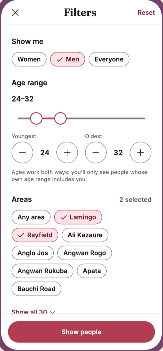 The area filter in Josmeet, choosing the parts of Jos to meet in