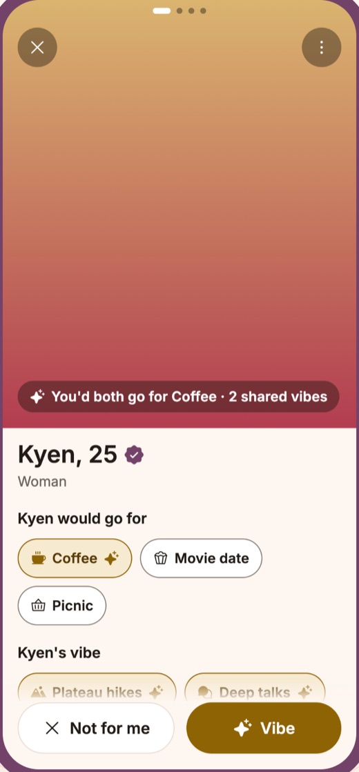 A profile card in Josmeet showing 2 shared vibes, with Not for me and Vibe buttons
