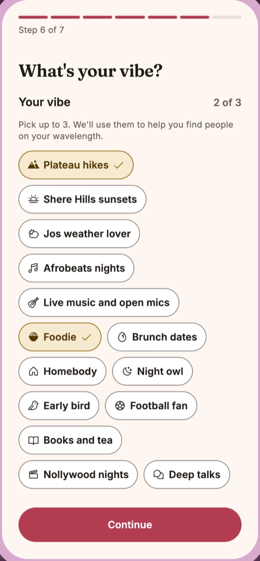 The vibe picker in Josmeet, with Plateau hikes and Foodie selected